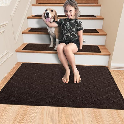 Non Slip Stair Treads Landing Rug for Wooden Steps Indoor, 20"X32" Landing Slip Resistant Stair Rugs for Kids and Dogs, Polyester Stair Landing Mat,Brown
