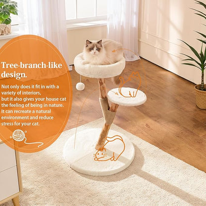 Modern Cat Tree Tower for Indoor Cats, 2-Tier Cat Furniture with Natural Wood Posts, Soft Plush Bed, Scratching Post & Hanging Ball Toy, Stylish Cat Climbing Tower