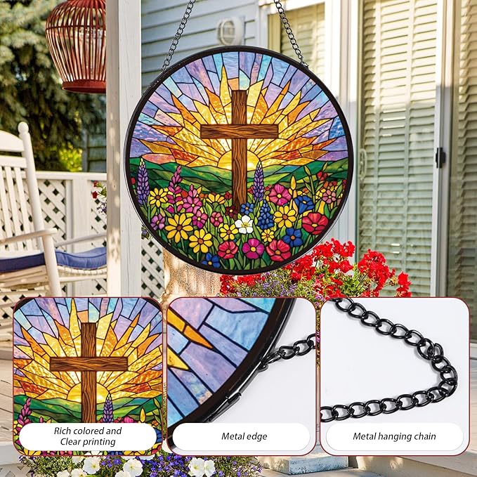 Christian Glass Window Hanging, 8 Inch Sun Catcher Cross Religious Gift for Housewarming, Decorative Suncatchers Gifts for Women Men Wall Art Home Decor