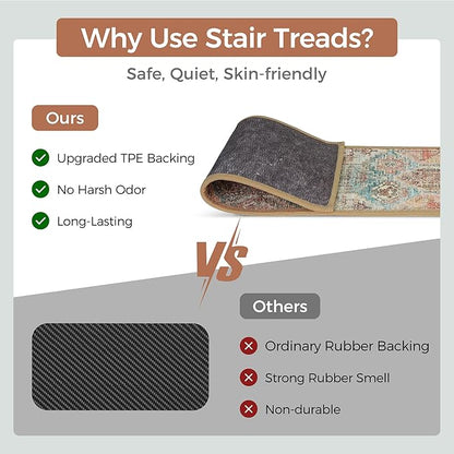 Carpet Stair Treads Non Slip 15PCS, 8" X 30" Edging Stair Runner for Wooden Steps Indoor, Resistant Stair Rugs with Reusable TPE Adhesive Backing, Residue Mat for Elders, Pets, Cedarwood/Sage