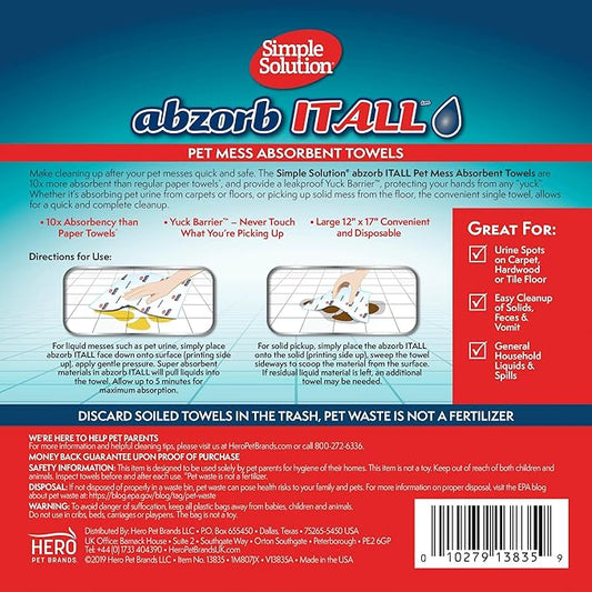 Simple Solution Abzorbitall Pet Mess Absorbent Towels - Multi-Surface Urine and Dog Poop Cleaning Sheets - 12 x 17 inches - 30 Towels