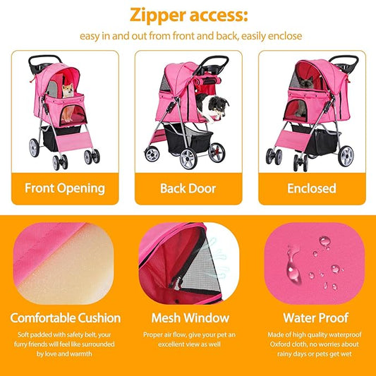 4 Wheels Dog Stroller Folding Pet Strolling Cart for Small Medium Cats Puppies Portable Jogger Travel Camping Puppy Carrier with Storage Basket Cup Holder, Pink