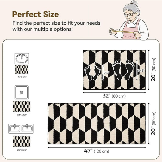 GRANNY SAYS Kitchen Rugs 2 Piece Non Skid Washable Absorbent Resist Dirt Kitchen Mats for Floor, Comfort Standing Mats Front of Sink Rugs Durable Polypropylene 47" x 20" + 32" x 20", Black