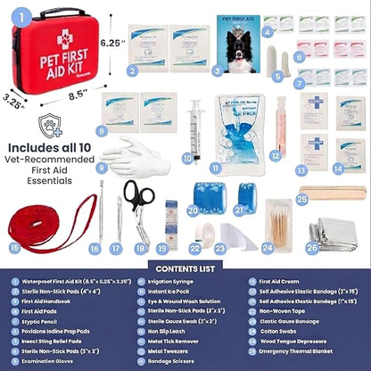 Dog First Aid Kit - Vet Approved Pet First Aid Supplies to Treat Dogs & Cats in an Emergency - Pet First Aid Kit Guide, Tick Remover, Slip Leash & Medical Essentials for Home, Camping, Car, RV, Travel
