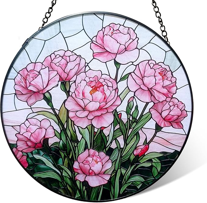 Stained Glass Window Hanging Suncatcher, Handmade 7.8 in Pink Carnation Sun Catcher for Home Garden Decor, Gift for Women Friends Grandma Mom Sister, Mother's Day, Birthday, Anniversary