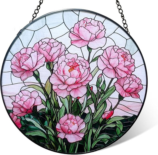 Stained Glass Window Hanging Suncatcher, Handmade 7.8 in Pink Carnation Sun Catcher for Home Garden Decor, Gift for Women Friends Grandma Mom Sister, Mother's Day, Birthday, Anniversary