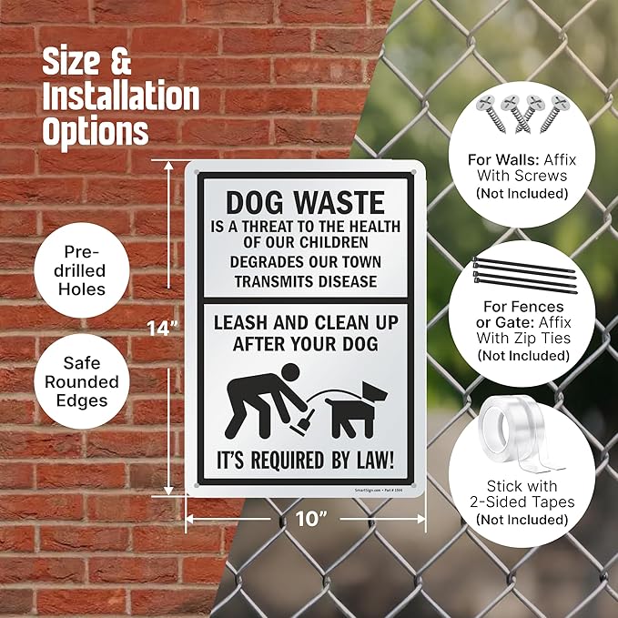 SmartSign 14 x 10 inch “Dog Waste Is A Threat - Leash And Clean Up After Your Dog” Metal Sign, 40 mil Laminated Rustproof Aluminum, Black and White, Made in USA