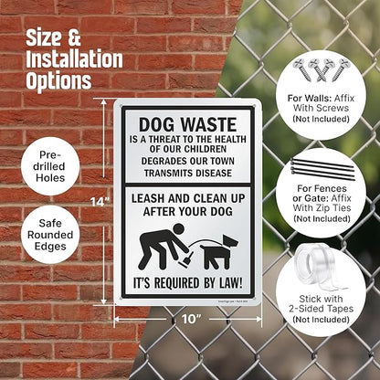 SmartSign 14 x 10 inch “Dog Waste Is A Threat - Leash And Clean Up After Your Dog” Metal Sign, 40 mil Laminated Rustproof Aluminum, Black and White, Made in USA