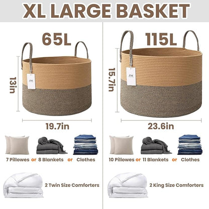 115L Extra Large Blanket Basket for Living Room - Woven Cotton Rope Laundry Hamper with Reinforced Handles - Storage Bin for Pillows, Comforters & Toys - Machine Washable,Jute&Black