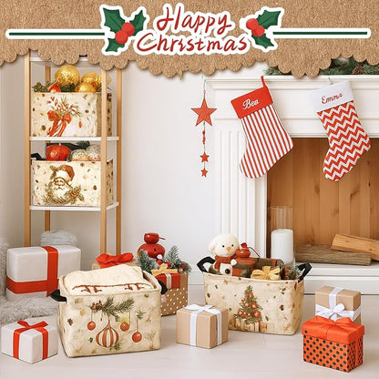 4 Pack Christmas Storage Bin Collapsible Large Christmas Storage Baskets for Gifts Xmas Tree Canvas Laundry Basket Foldable Box with Handle for Office Home Bedroom Clothes Toys Holiday Decor