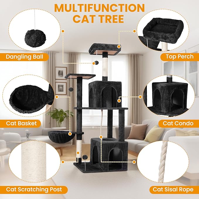 Cat Tree, 54-Inch Cat Tower for Indoor Cats, Soft Plush Multi-Level Climbing Cat Condo with Scratching Posts, Basket, Perches,2 Caves,2 Pompoms Play House for Cat(Black)