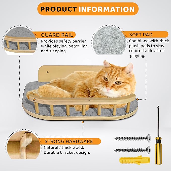 Cat Wall Shelves with 3 Steps – Modern Wood Wall Mounted Furniture, Climber & Perch Shelf for Cats up to 30lbs – Sturdy Floating Bed for Large Cats