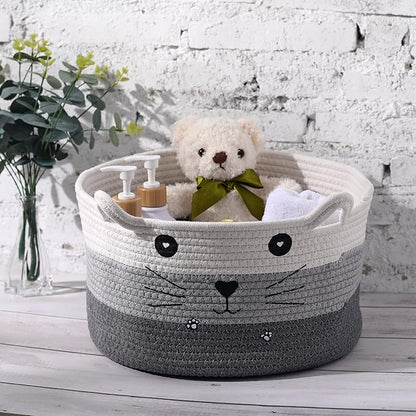 Zopeal Cat Basket Storage Woven Organizer with Ears Easter Decorative Pet Toy Cute Cotton Rope Basket for Gift Cat Dog Toy Bin Nursery Room(13.7 x 7.8 Inch,White, Light Gray, Dark Gray)