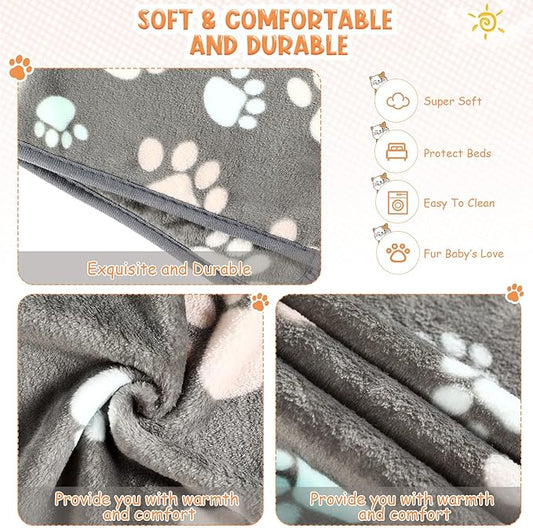 Tatuo 4 Pcs Dog Blanket for Pet Cat Blankets Indoor Puppy Teething Stuff Toys Paw Print Fleece Soft Blanket Sleep Mat for Guinea Pig Cage(Dark Gray,Small(24 x 16 Inch),Square)