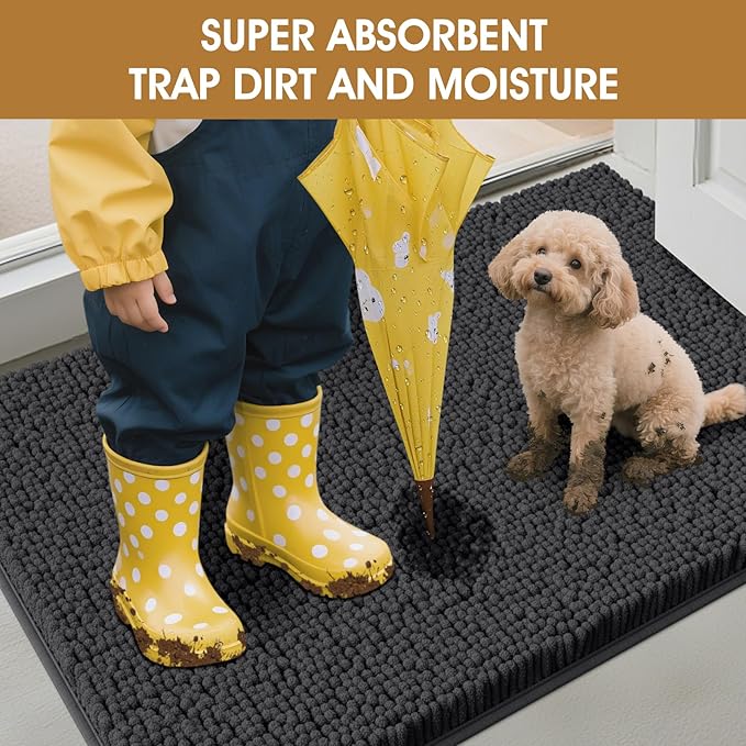 Extra Large Dog Door Mats for Muddy Paws, 60" x 36" Chenille Absorbent Mud Mat for Dogs, Non Slip Heavy Dog Rugs For Muddy Paws, Soft Indoor Door Mat for Entryway, Mud Paw, Inside Floor, Dark Grey
