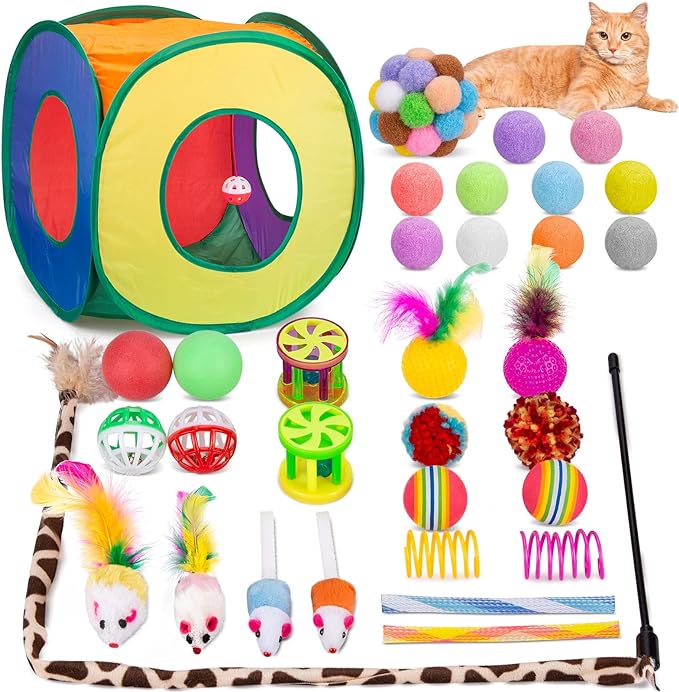 Retro Shaw Cat Toys Pack 33Pcs, Interactive Kitten Toys for Indoor Cats Kitty with Collapsible Play Tunnel Tent, Feather Teaser Wand Bell Balls Springs Mouse Toys for Boredom Relief & Exercise