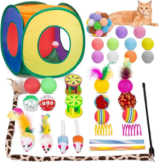 Retro Shaw Cat Toys Pack 33Pcs, Interactive Kitten Toys for Indoor Cats Kitty with Collapsible Play Tunnel Tent, Feather Teaser Wand Bell Balls Springs Mouse Toys for Boredom Relief & Exercise