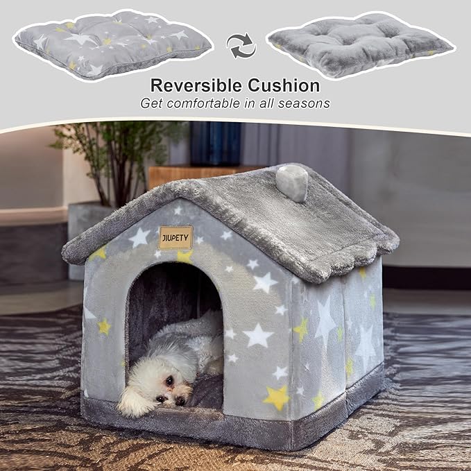 JIUPETY Cute Indoor Dog Houses, Dog Bed with Cover Cave, M Size for 7-14 Lb Dogs and 9-17 Lb Cats, Igloo Pet House with Non-Slip Bottom, Grey