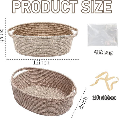 Woven Basket,Small Rope Storage Bin with Handles & Ribbon Bag, Organizer for Shelves Closets,Gift Basket Empty for Birthday,Books,Dog Toys,Oatmeal