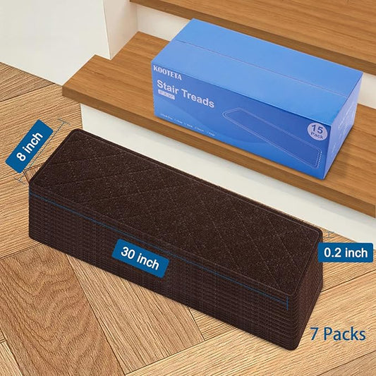 Stair Treads for Wooden Steps Indoor, 15 Pack 8" X 30" Non Slip Carpet Stair Treads with Reusable Adhesive for Kids Elders and Dogs, Surface Polyester TPR Backing Stair Rugs, Brown