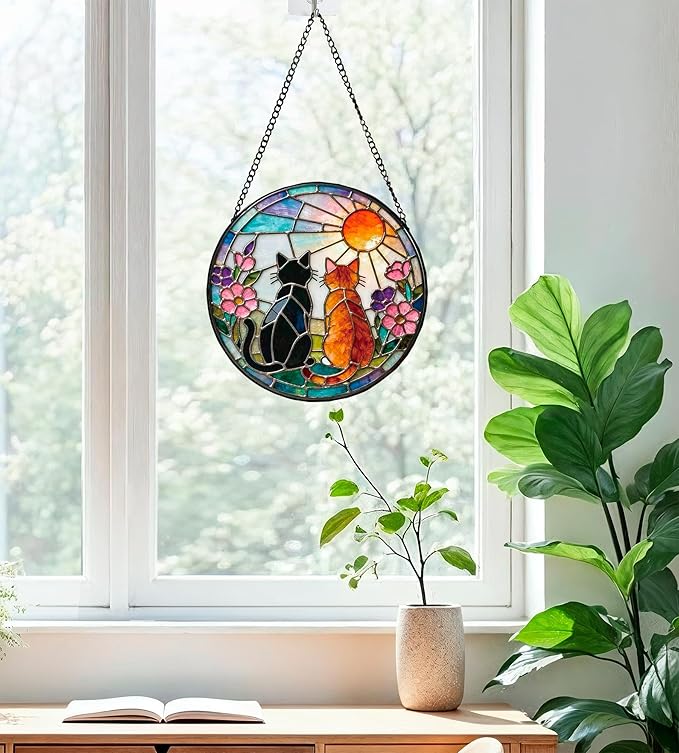 Greatingreat Cat Stained Glass Window Hanging, Home Room Decor 7.8 Inch Sun Catchers Indoor Window, Whimsical Decor for Christmas Mother's Day Birthday Gifts for Women Men Mom Nana