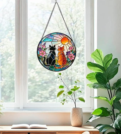 Greatingreat Cat Stained Glass Window Hanging, Home Room Decor 7.8 Inch Sun Catchers Indoor Window, Whimsical Decor for Christmas Mother's Day Birthday Gifts for Women Men Mom Nana