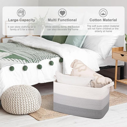 OIAHOMY Large Storage Basket, Cotton Rope Woven Blanket Basket, Toy Bin for Baby Room, Container for Blanket Storage in Living Room, 20''×16''×12'', Gradient Grey