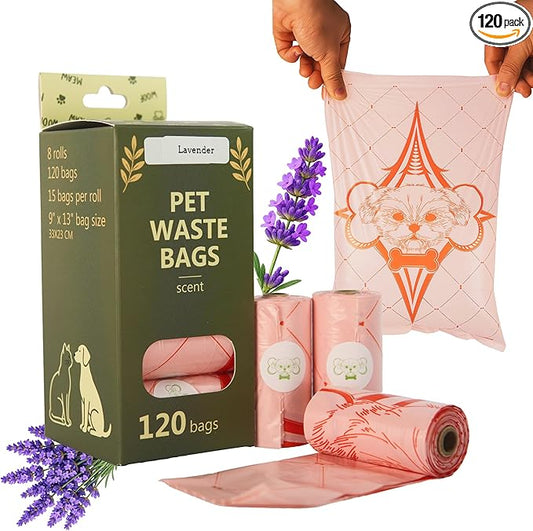 Extra Thick Dog Poop Bags Rolls, Leak-Resistant Pet Waste Bags, 120 Count (8 Rolls), 9x13 in Large, Lavender Scented, Fits Most Dispensers, Pink
