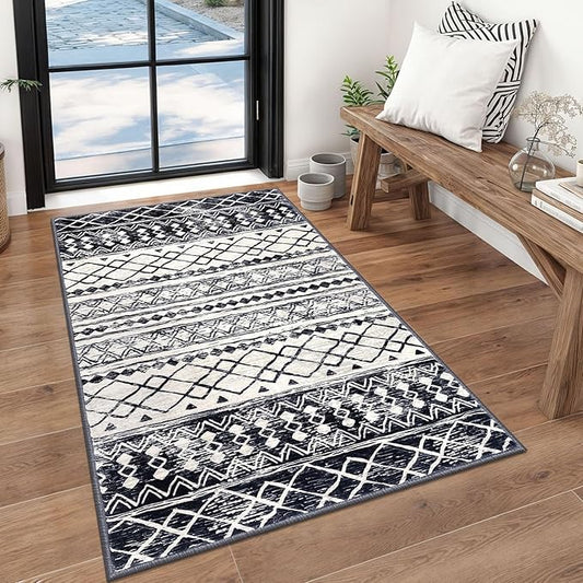 KUTA Boho Moroccan 3x5 Rugs for Entryway, Black Non-Slip Washable Low-Pile Living Room Area Rug, Ultra Soft Distressed Geometric Print Throw Carpet for Entrance, Bedroom, Nursery, Dorm, Kitchen