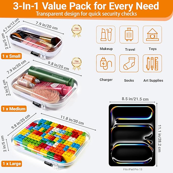 Hard Sided Clear Zipper Case for Storage- Professional-Grade Plastic Clear Zipper Pencil Case,Toy Storage Bins, Toiletry Pouch, Travel Organizer, Cosmetic Bag（White,3 Pack, LMS）