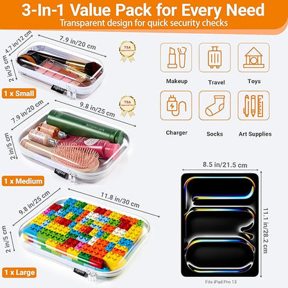 Hard Sided Clear Zipper Case for Storage- Professional-Grade Plastic Clear Zipper Pencil Case,Toy Storage Bins, Toiletry Pouch, Travel Organizer, Cosmetic Bag（White,3 Pack, LMS）