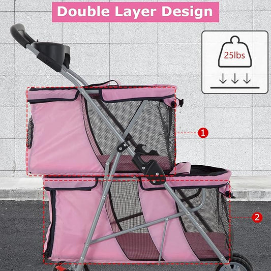 Double Layer Dog Stroller for 2 Small Dogs/Cats, 4 Wheels Pet Jogger With Removable Liner, Storage Basket, Rear Wheel Break - Folding Double Decker Portable Crate