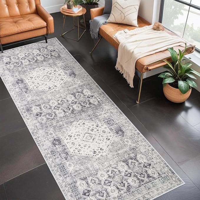 3x8 Halway Washable Runner Rug - Carpet Runners for Kitchen Non Slip Stain Resistant Rugs for Living Room Bedroom Laundry Room Ultra Thin Vintage Distressed Rug Home Decor Decoration Mat (3'x8', Grey)