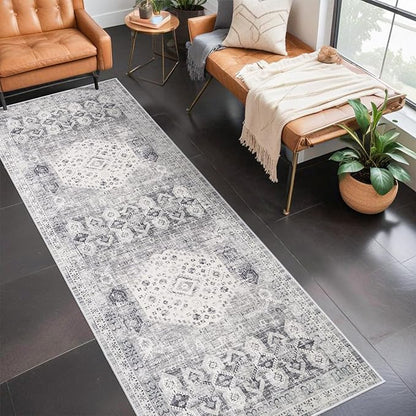 3x8 Halway Washable Runner Rug - Carpet Runners for Kitchen Non Slip Stain Resistant Rugs for Living Room Bedroom Laundry Room Ultra Thin Vintage Distressed Rug Home Decor Decoration Mat (3'x8', Grey)