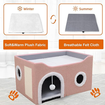 Loyareal Cat Houses for Indoor Cats - Large Cat Bed Cave with Scratch Pad and Fluffy Ball, Foldable Cat Condo Hideaway with Reversible Cushion for Multi Small Pet, Pink