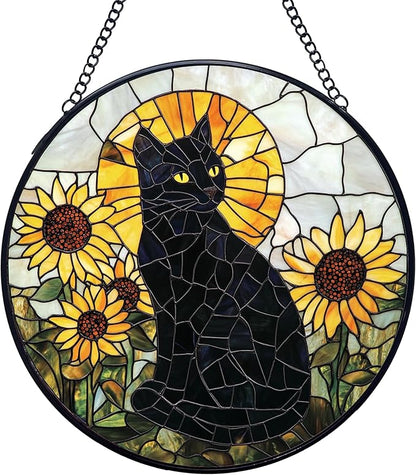 Black Cat Sunflower Stained Glass Window Hanging Suncatchers, Sunflower Flower Black Cat Sun Catchers Indoor Window Glass Wall Art Decor, Floral Wall Hanging Decorations Sculptures, 7.9x7.9in