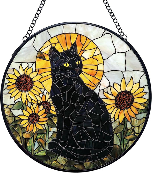 Black Cat Sunflower Stained Glass Window Hanging Suncatchers, Sunflower Flower Black Cat Sun Catchers Indoor Window Glass Wall Art Decor, Floral Wall Hanging Decorations Sculptures, 7.9x7.9in