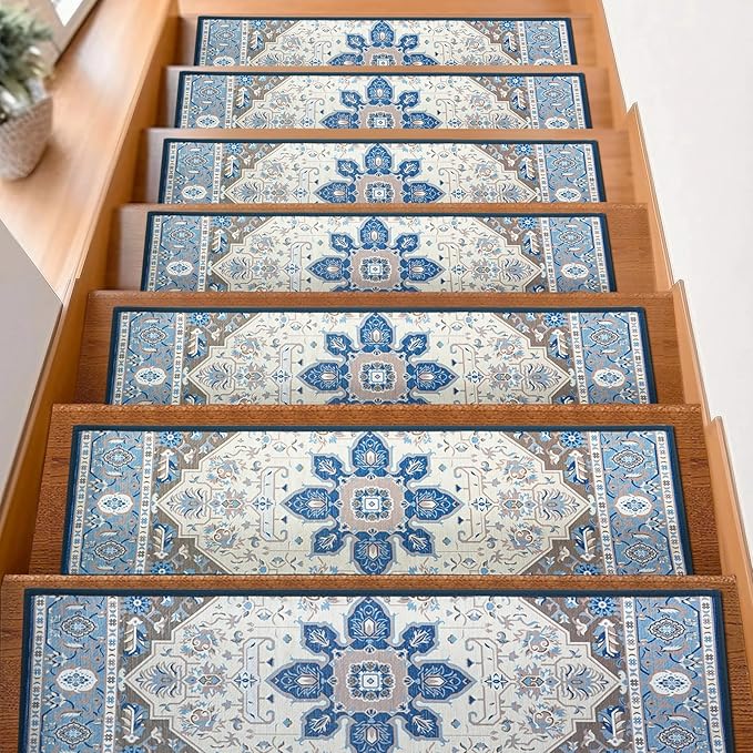 15Pcs Stair Treads for Wooden Steps Indoor with Self Adhesive, 8"x30" Non Slip Stair Treads Stair Carpet Runner, Resistant Indoor Runner for Kids、Elders and Pets,White and Brown