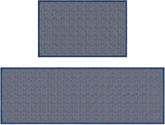 Artoid Mode Washable Non Slip Blue Kitchen Rugs and Mats Set of 2, Rubber Backing Absorbent Kitchen Mats for Floor Front of Sink - 17x29 and 17x47 Inch