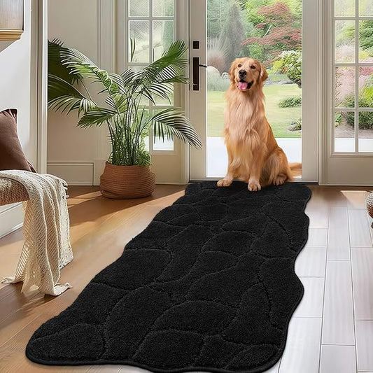 Large Dog Door Mat for Muddy Paws, 24x59 Absorbent Dirt Trapper Long Door Mat, Non-Slip Washable Mud Mat for Dogs, Polyester Microfiber Soft Pet Rug Mat for Entryway, Mud Dog Paws, Patio (Black)