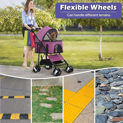 Pet Stroller 3-in-1 Folding Dog Cat Strollers for Medium Small Dogs Cats 4 Wheels Lightweight Travel Dog Strollers Cat Stroller with Detachable Carrier, Purple