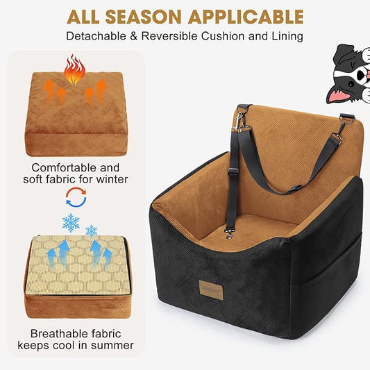 JOEJOY Dog Car Seats for Small Medium Dogs Under 35lbs, Dog Booster Seat with Detachable Washable Cover and Cushion, Memory Foam Pet Car Seat with Safety Belt and Storage Pockets (Brown)