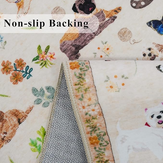 Washable Floral Animal 3x4 Rug: Non-Slip Low Pile Entryway Area Rugs Dog Printed Carpet Stain Resistant Kitchen Runners Soft Beside Floor Mat for Bedroom Kids Room Home Office Laundry(3x4,Beige/Dog