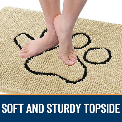 OLANLY Dog Door Mat for Muddy Paws 48x30, Paw Print Design, Absorbs Moisture and Dirt, Absorbent Non-Slip Washable Doormat, Quick Dry Chenille Mud Mat for Dogs, Entry Indoor Entryway Carpet, Sand