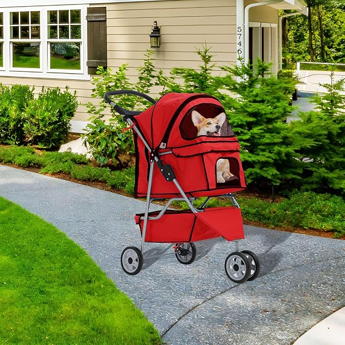 Pet Stroller for Small Medium Dogs & Cats,3-Wheel Breathable Compact Foldable Dog Carrier with Storage Basket, Outdoor Portable Lightweight Travel Stroller for Camping,Red
