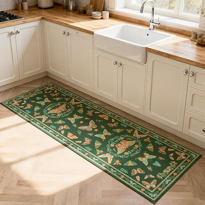 Unirea 2x6 Dark Green Runner Rug, Washable Non Slip Insect Botanical Rug for Hallway, Kitchen, Bathroom, Laundry Room, Entryway, Bedroom, Soft Boho Door Mat Indoor Entrance Bug Rugs, Low Pile Carpet