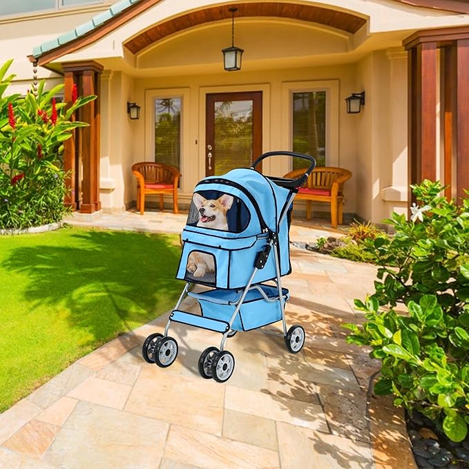 Pet Stroller for Small Medium Dogs & Cats, 4-Wheel Breathable Compact Foldable Dog Carrier with Storage Basket, Outdoor Portable Lightweight Travel Stroller for Camping,Blue