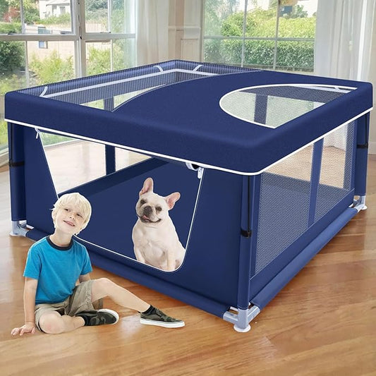 42x42 Inch Puppy Playpen with Cover, Dog Playpen for Puppies or Small Dogs, Pet Fence for Indoor & Outdoor, Sturdy Safety DogPen with Thickened Fabric, High-Strength Nylon Wire Mesh, Blue
