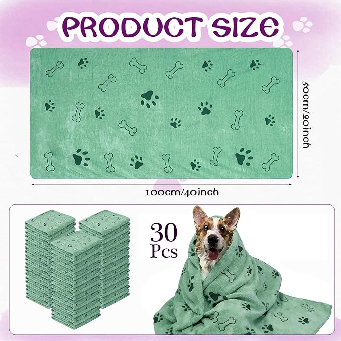 Dog Towels for Drying Dogs Bulk 20 x 40 Inch Quick Drying Pet Bath Towels Colorful Pet Grooming Towel Absorbent Microfiber Towel for Small Medium Large Dog Puppy Cat (Teal, 30)