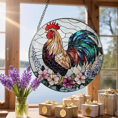 8″ Colorful Rooster Suncatcher, Stained Glass Window Hanging Ornament, Farmhouse Style Window Decor — Christmas Ornaments | Gifts for Christmas, Holiday Present, Gift Exchange, Gift Ideas